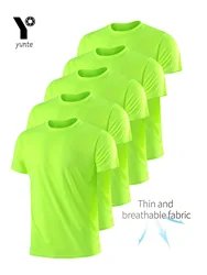 Crew T-Shirt5Pcs Fluorescent Green Ultralight Men Quick Dry Breathable Sweat Shirt for Fitness Gym and Running Light Plaid Quick