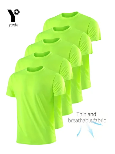 Camiseta de tripulación, 5 uds., verde fluorescente, ultraligera, transpirable, de secado rápido, para Fitness, gimnasio y correr, a cuadros ligeros, rápido
