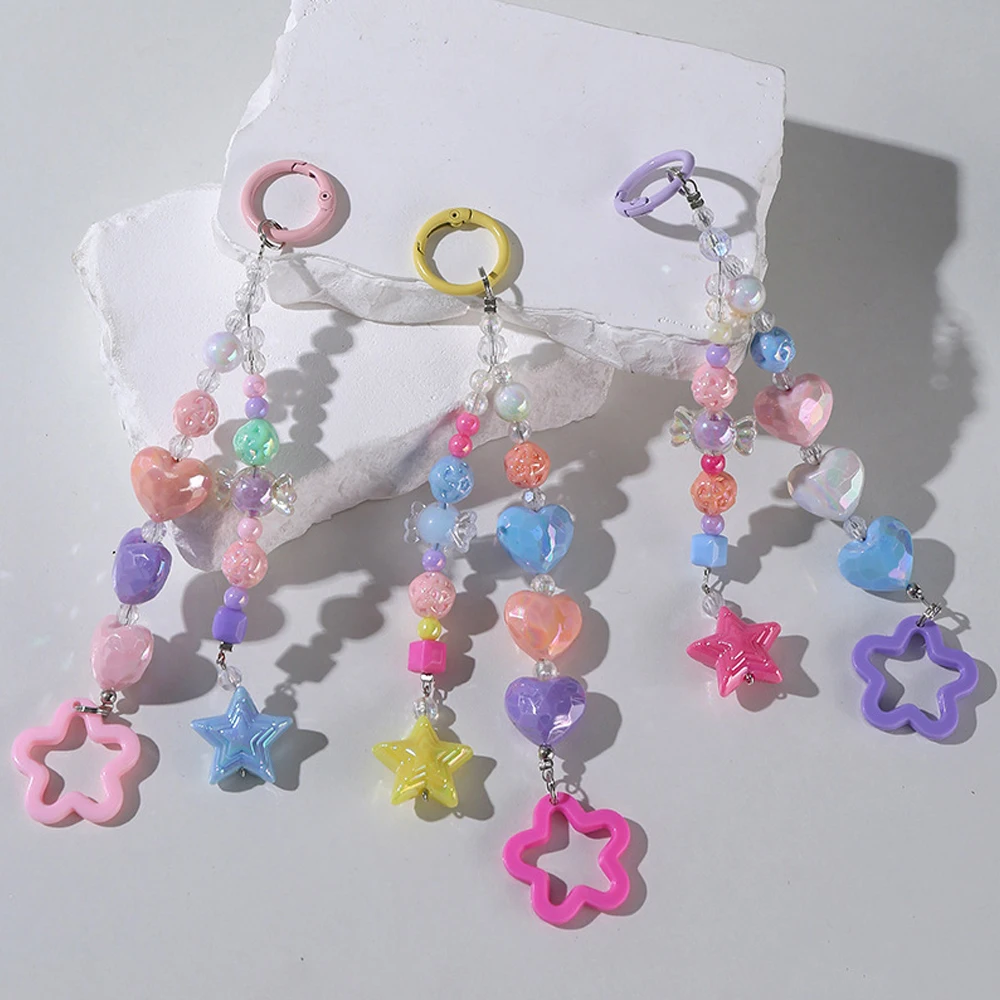 Handmade Beaded Phone Lanyard Wrist Strap Colorful Acrylic Star Heart Shaped Keychain Purse Backpack Handbags Decor Girl Gift