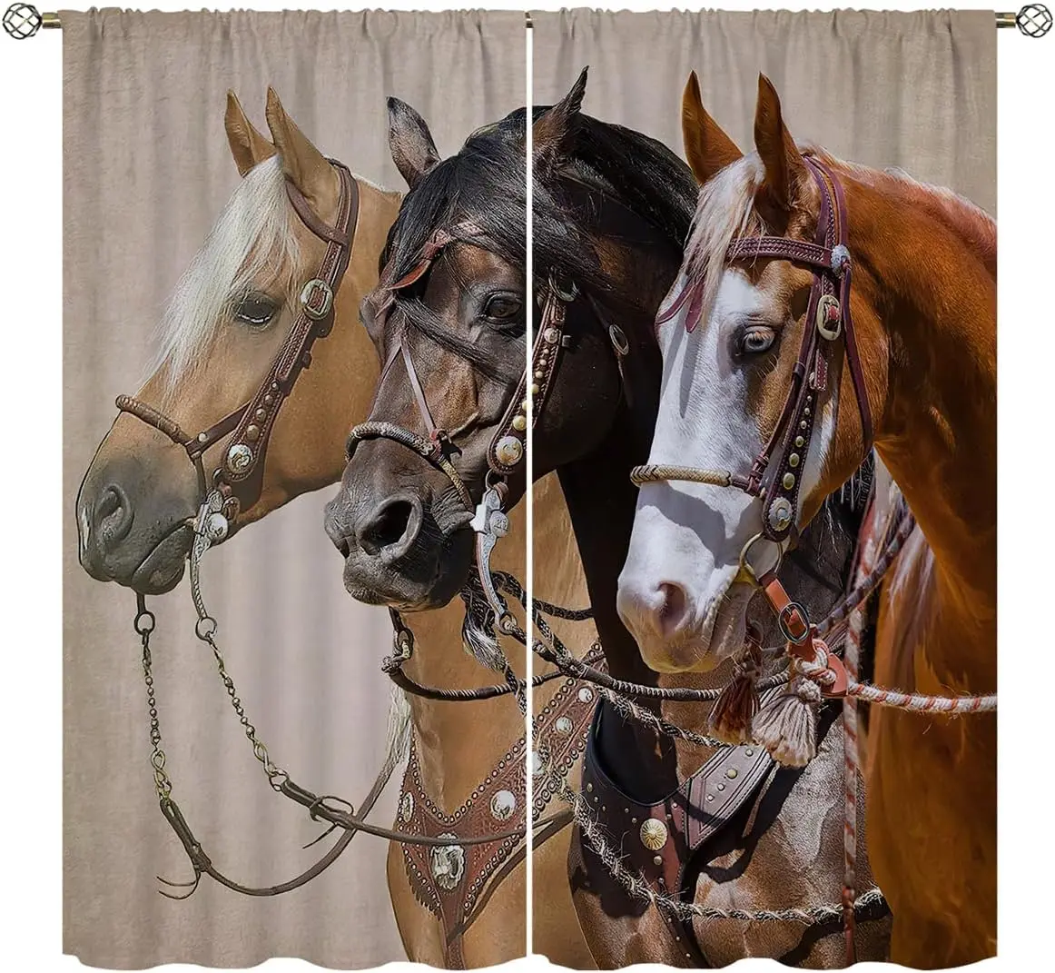 Horse Blackout Curtains Home Decor,Three Horses Rod Pocket Thermal Insulated Drapes Darkening Window Curtain for Girls Boy