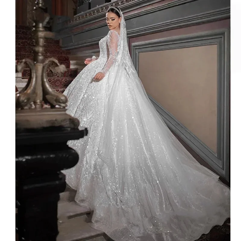 فاخر قبالة الكتف كم طويل فستان الزفاف الساتان اللؤلؤ التطريز فستان الزفاف ألف خط الأميرة الزفاف الكرة فستان مخصص #3
