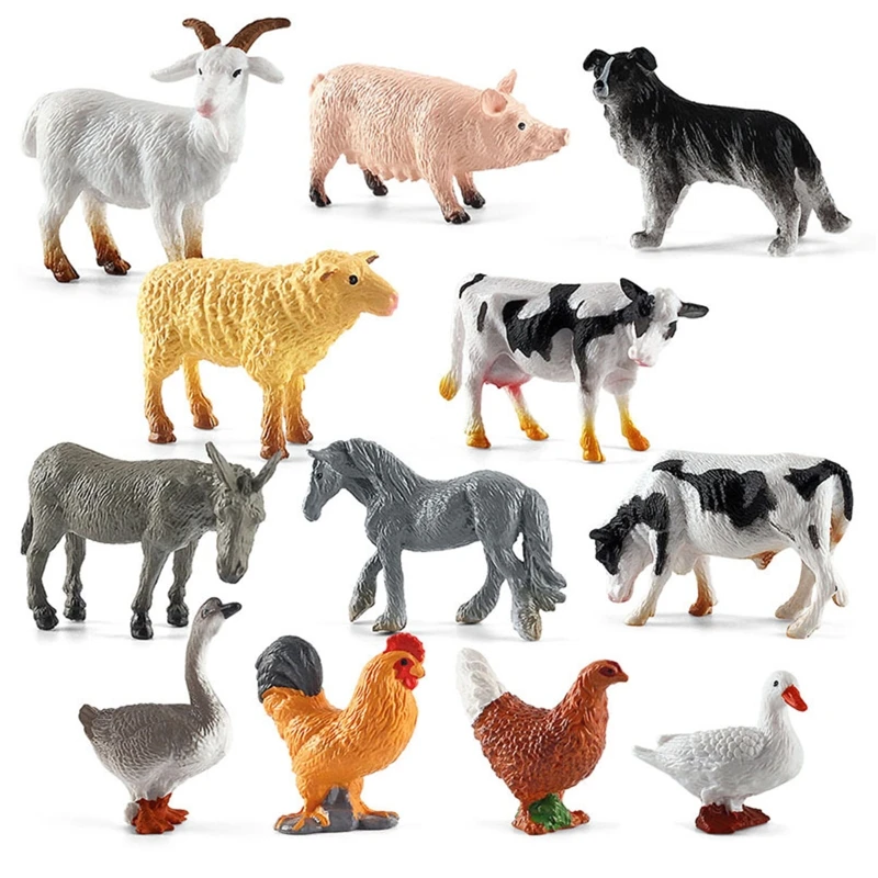 12pcs Mini Farm Animal Figurines Cartoon Realstic Animal Statue Toys Pvc Farm Barn Animals Playset for Cake Decoration