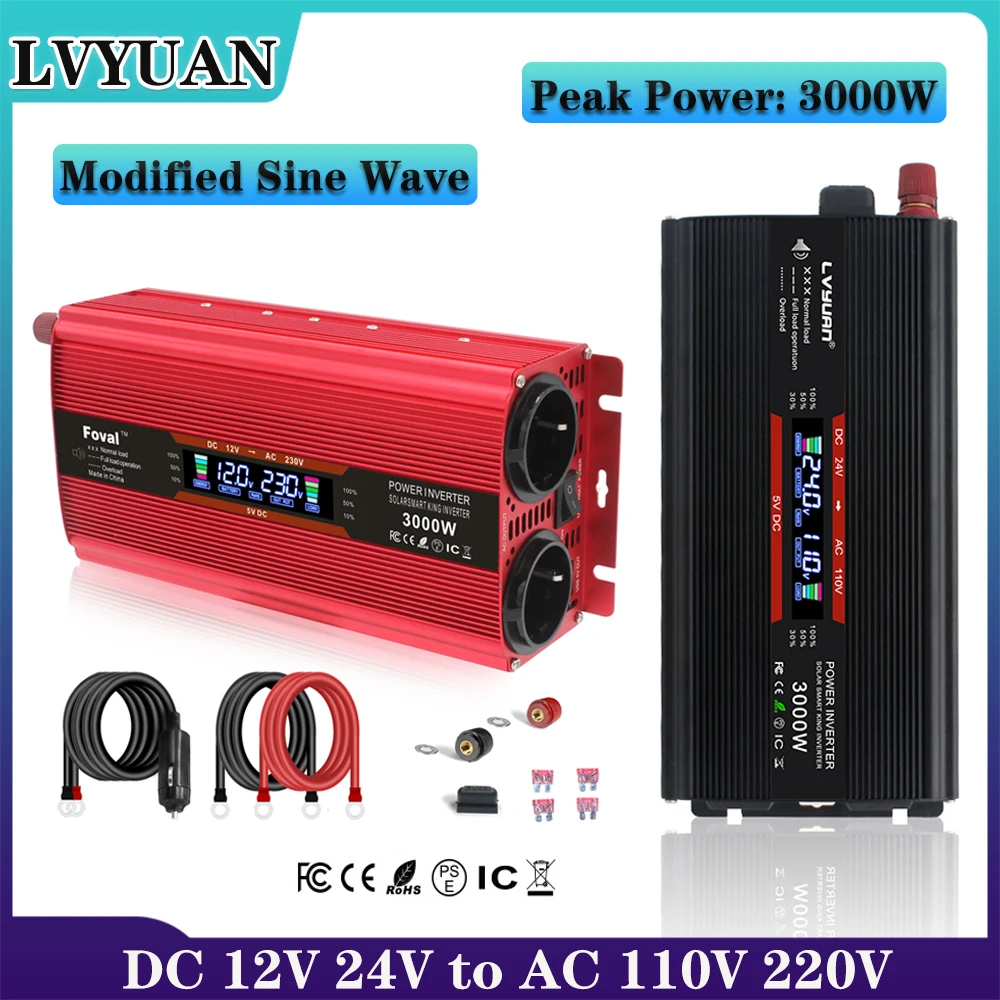 Inverter 3000W Peak Power DC 12V 24V TO AC 110V 220V Voltage Modified Sine Wave 50HZ 60HZ Converter Car Inverter US EU Plug