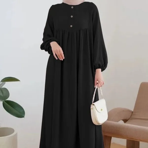 Casual Puffed Sleeve Simple Abayas for Women Solid Muslim Dresses Party Fashion Maxi Dress Turkey Dubai Abaya Elegant Vestidos