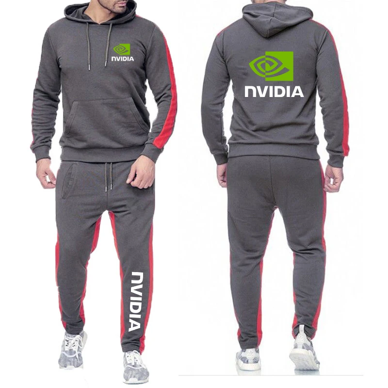 2025 Spring Autumn Men NVIDIA Logo Print Popular Solid Color Sports Suit Fashion Hooded Hoodies+Drawstring Sweatpants Cotton Set