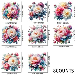 8pcs Watercolor Peony Flower UV DTF Stickers, Waterproof Sticker Pack for Decorating Mugs, DIY Art Supplies，Home Decoration