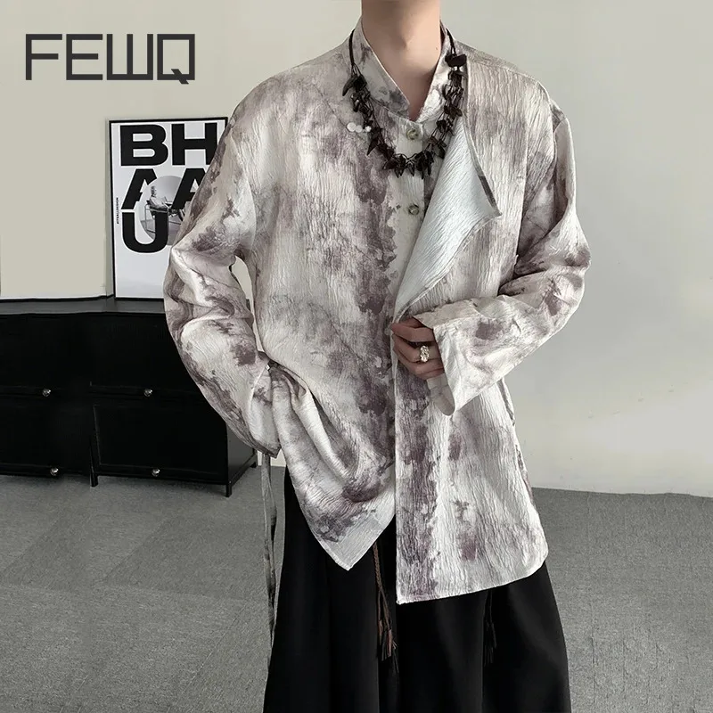 

FEWQ New Chinese Style Jacquard Patchwork Shirt Men Long Sleeve Stand Collar Design Ink Printed Shirts 2024 Summer Trend 9C5275