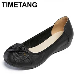 TIMETANG Big size Genuine Leather Women ballet flats,Cowskin Bowtie shoes Woman,Fashion Women ballerina flats,Slip on flat shoes