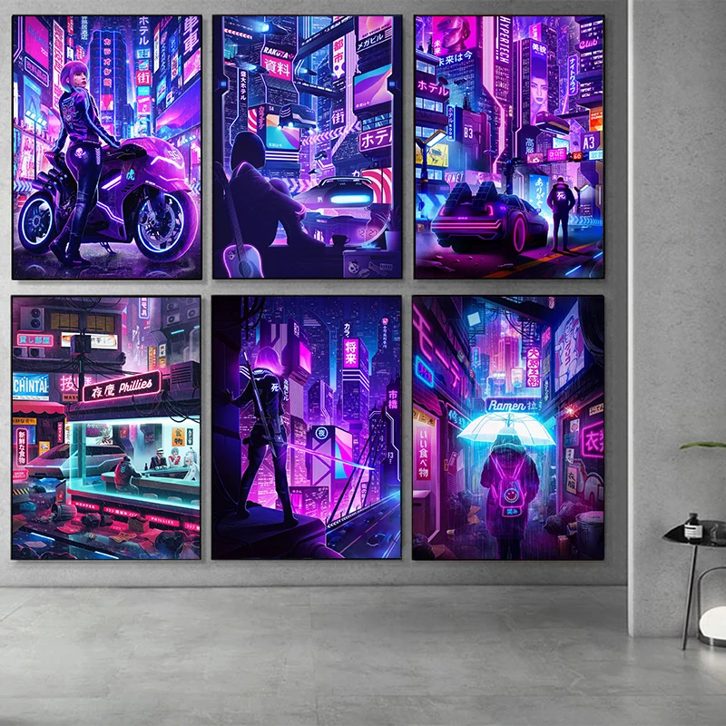 Zukünftige Cyberpunk-Stadt Poster Punk-Stil Nachtstadt-Straßenszene Leinwanddruck Wandkunst Bild für Wohnzimmer-Dekoration Cuadro