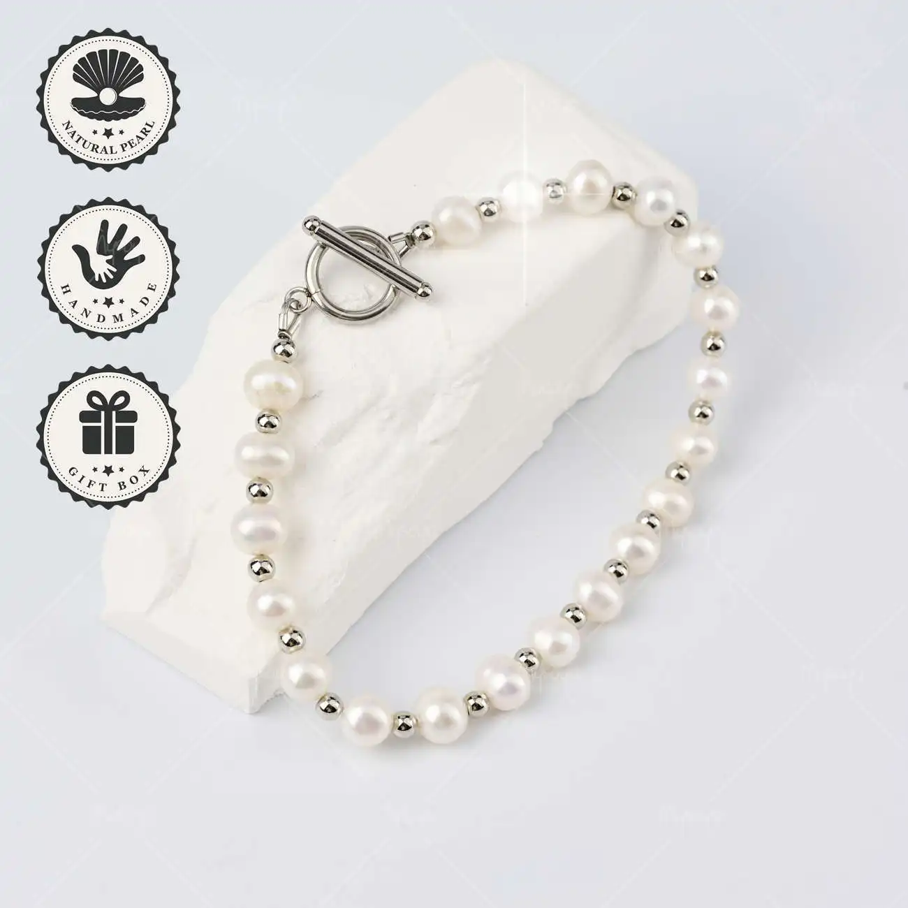 

MYSOYA Браслет из белого пресноводного жемчуга 5-6 мм с серебряными бусинами и застежкой OT, подарочная коробка, подарок на день рождения и годовщину