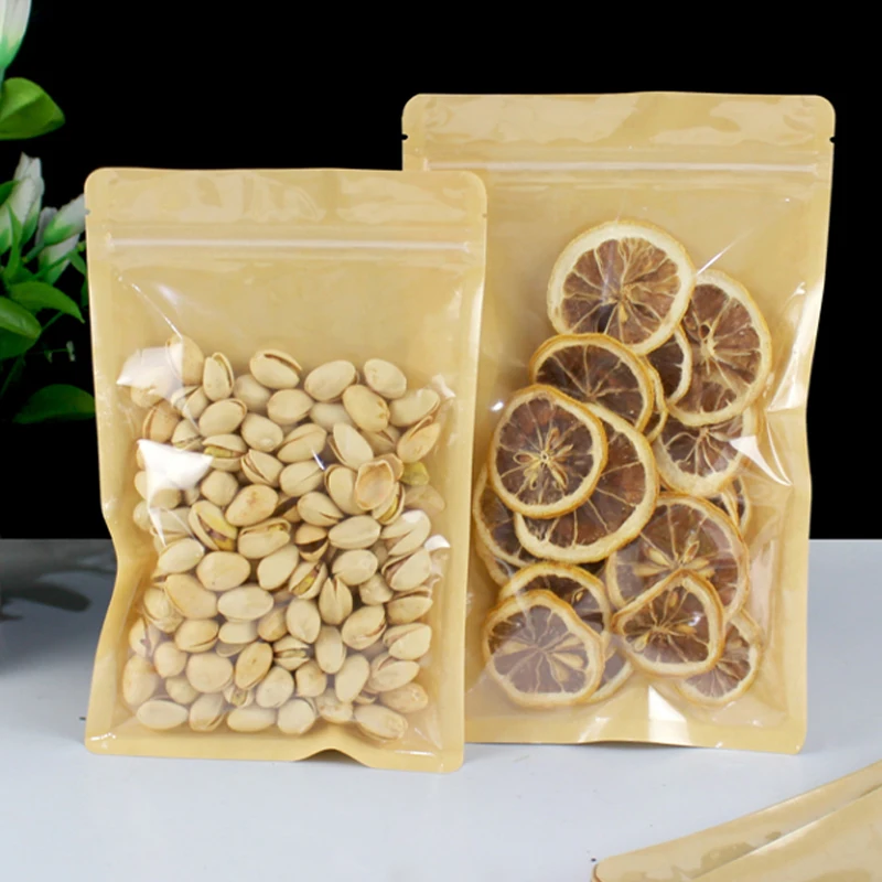 

Kraft Paper Window Opening Flat Zipper Bag Customized Printed For Nut Candy Gift Card Party Packaging Pouch
