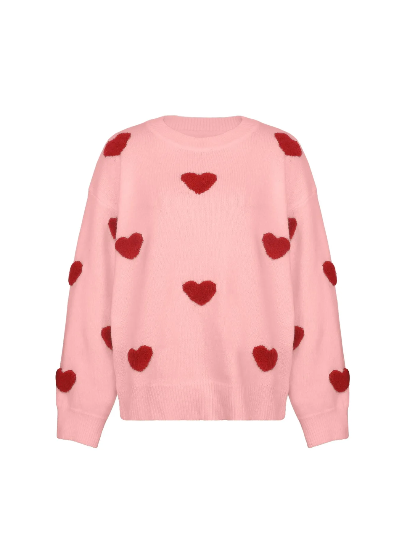 

Women's White Pink Heart Patch Oversized Knit Sweater Crew Neck Long Sleeve Casual Pullover Fashion Top