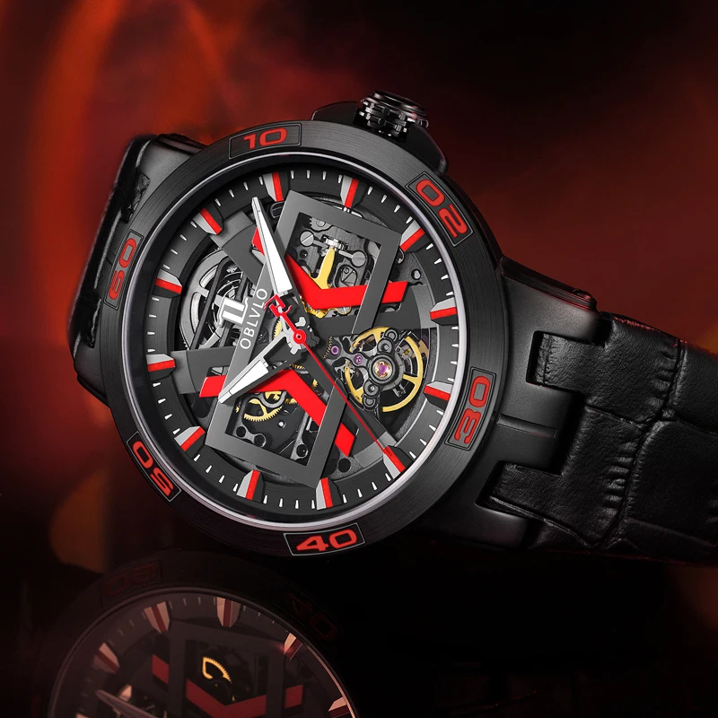 OBLVLO Sport Skeleton Luminous Military Automatic Mechanical Watch for Men Steel Case Leather Strap Sapphire Waterproof UM