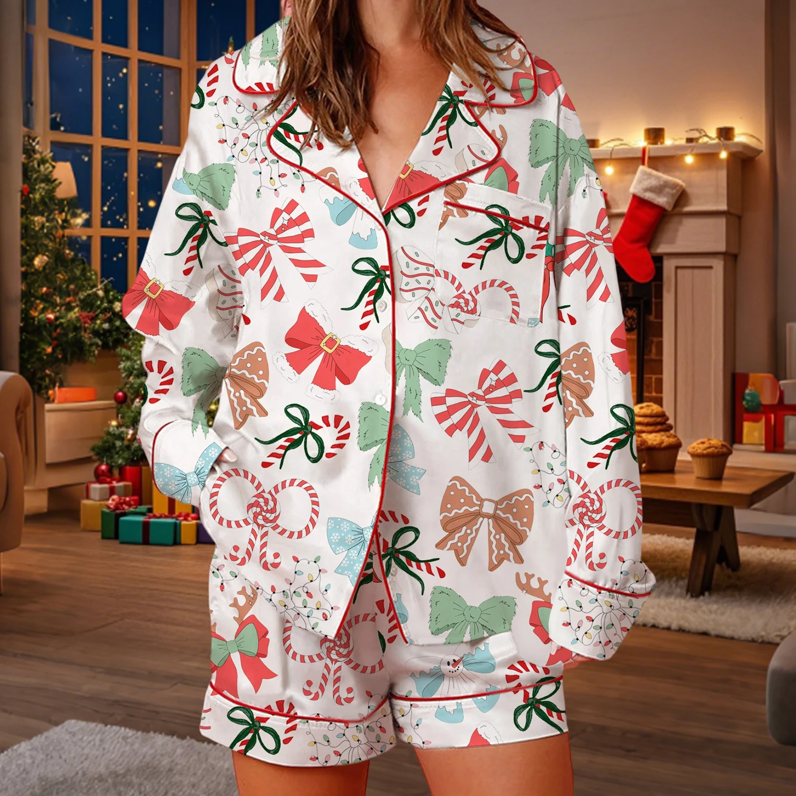 

Женские модные рождественские пижамные комплекты, рубашки с длинными рукавами и лацканами с бантом и принтом, широкие шорты, одежда для сна, домашняя одежда