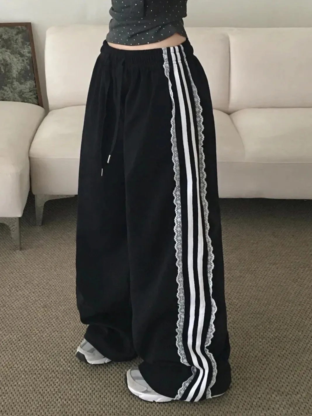 Coreano sle calças casuais femininas rendas guarnição emenda cintura elástica calças compridas versátil design de emagrecimento inverno novo sle