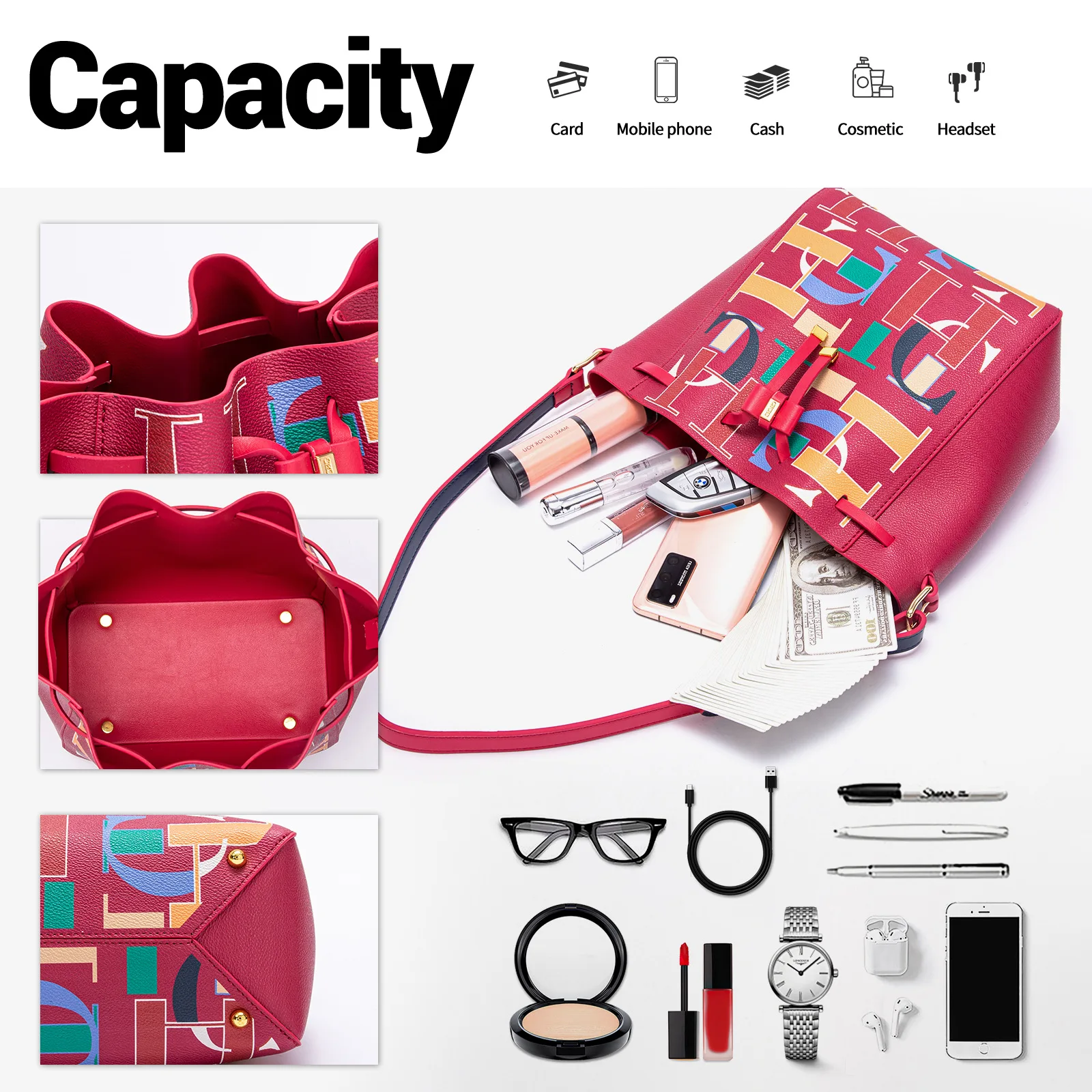 حقيبة كارولينا هيريرا الأصلية الخفيفة الفاخرة للنساء بتصميم مطبوع حرف واحد بكتف واحد أنيقة ومتعددة الاستخدامات