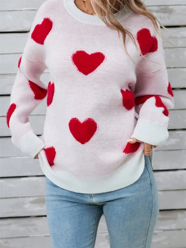 GuliriFei Women Autumn Winter Warm Knitted Sweaters Long Sleeve Round Neck Heart Print Loose Casual Knitwear Streetwear Jumpers