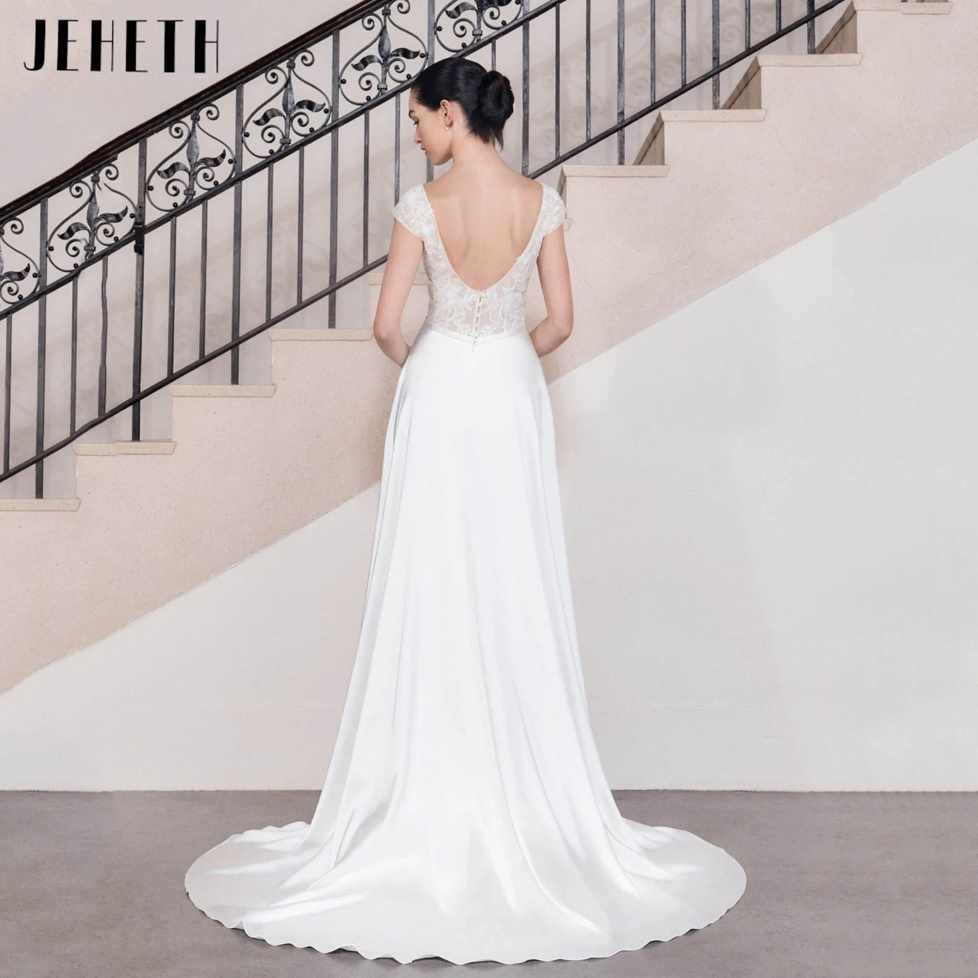 

JEHETH Satin Cap Sleeves Bride Gown Romance Deep V-neck Low Back Wedding Dress A-line Appliques vestido de novia 2026 Customized