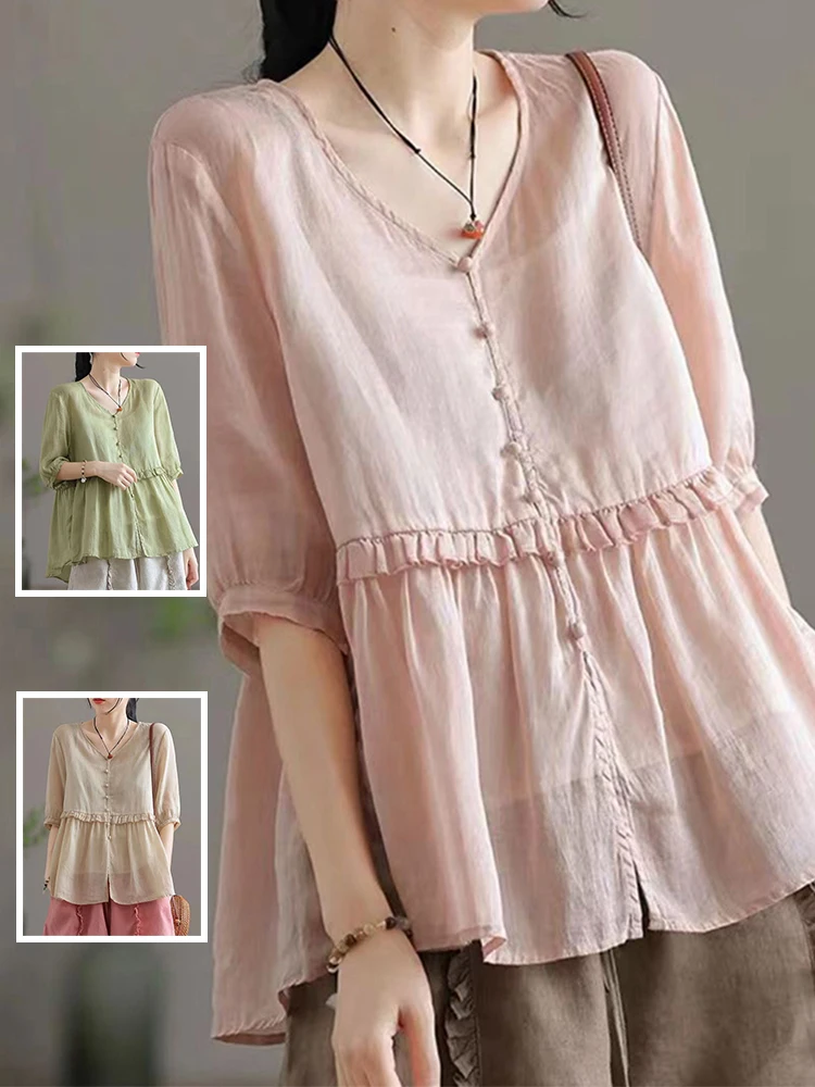 Faionable artístico algodón lino f Sve irt Thin V Ne Overhead talla grande mujer verano Casual Top holgado