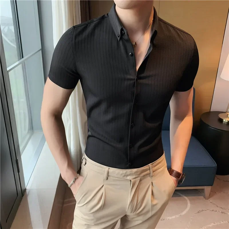 Plus Size 4XL-M Summer Mens Dark Striped Shirts Short Sleeve Fashion 2022 Korean Slim Fit Casual Business Formal Wear Blouse