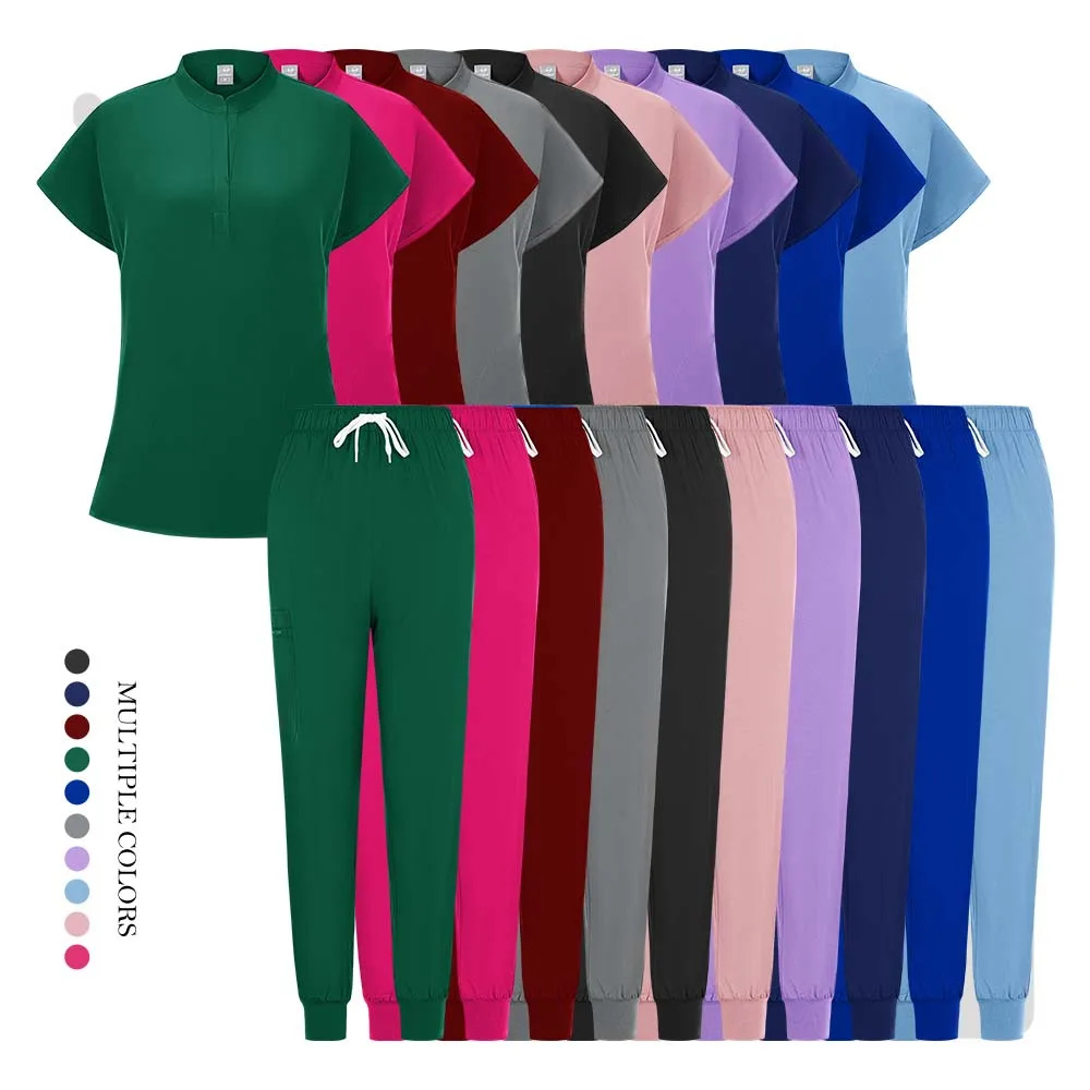 Plus Size Scrubs Set Women Medical Nurse Uniforms Stand Neck V-cut Scrub Top Jogger Pants Vet Doctor Healthcare Workers Workwear