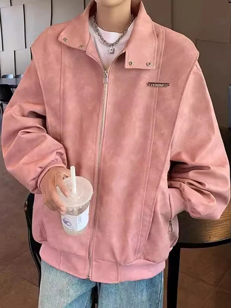 

Розовая кожаная куртка мужская демисезонная с воротником-стойкой в стиле байкерской одежды, американская ретро-куртка, крутая мужская куртка Haome