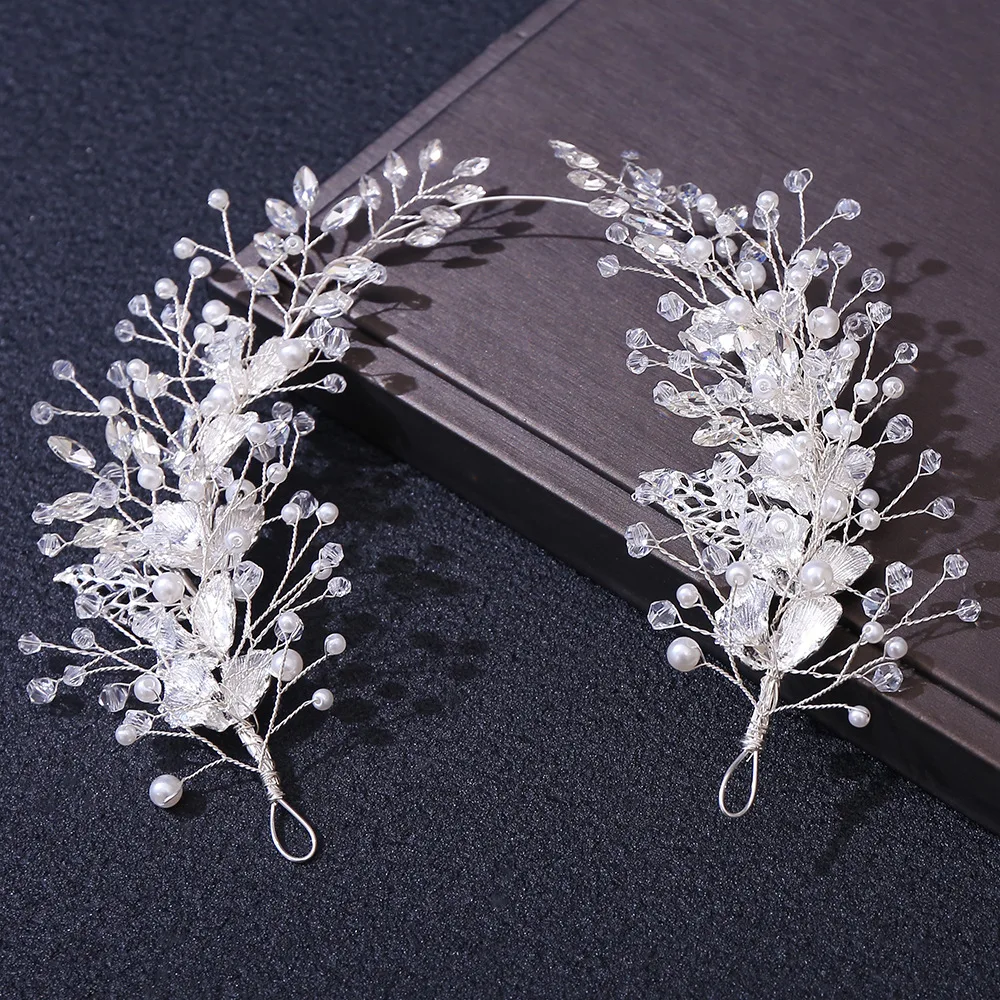 

SLBRIDAL Handmade Alloy Flower Leaf Rhinestone Pearls Bridal Headband Wedding Headpiece Hair Vine Bridesmaids Women Hair Jewelry