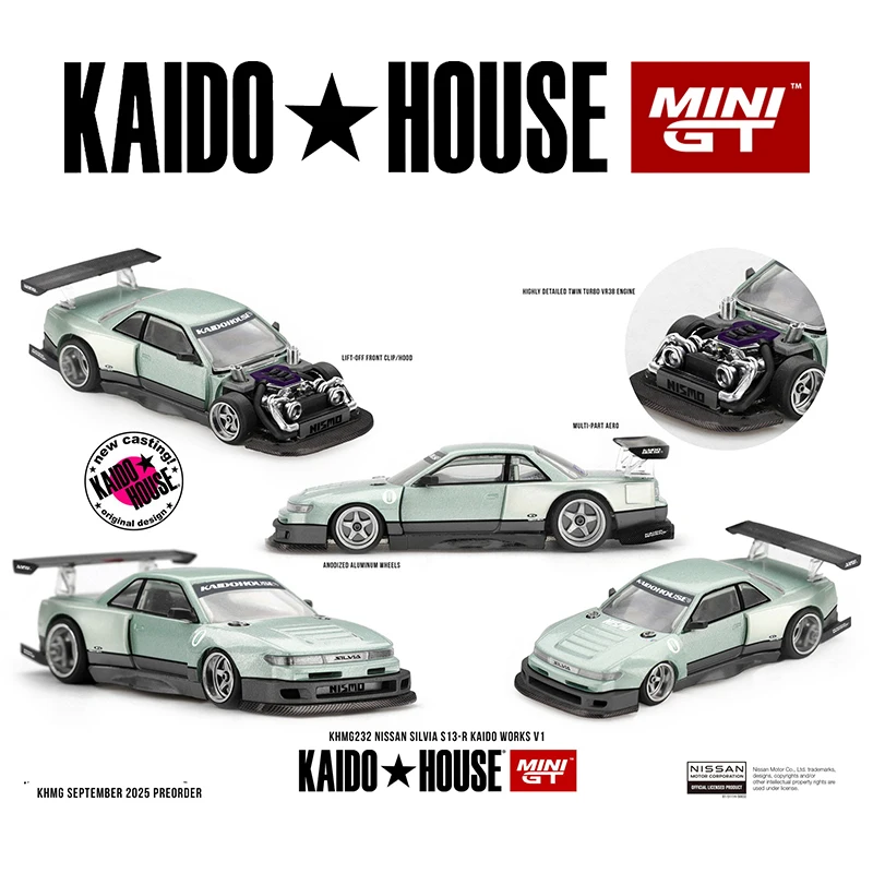 PreSale 1:64 Nissan Silvia S13 R KAIDO WORKS V1 KHMG 232 Openable Hood Diecast Car Model Kaido House MINIGT