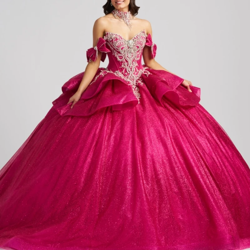 Rose Red Glitter Quinceanera Dresses Off Shoulder Ball Gown Sweet 16 Dress Applique Beading Crystal Bow Tull Party Birthday vest