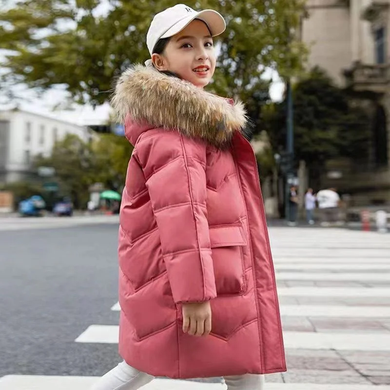 -30℃ Girls Padded Down Jacket Winter Kids Thick Warm Cotton Clothes Coat Lining Plush Hooded Outerwear Cold Parka Snowsuit 5-12Y