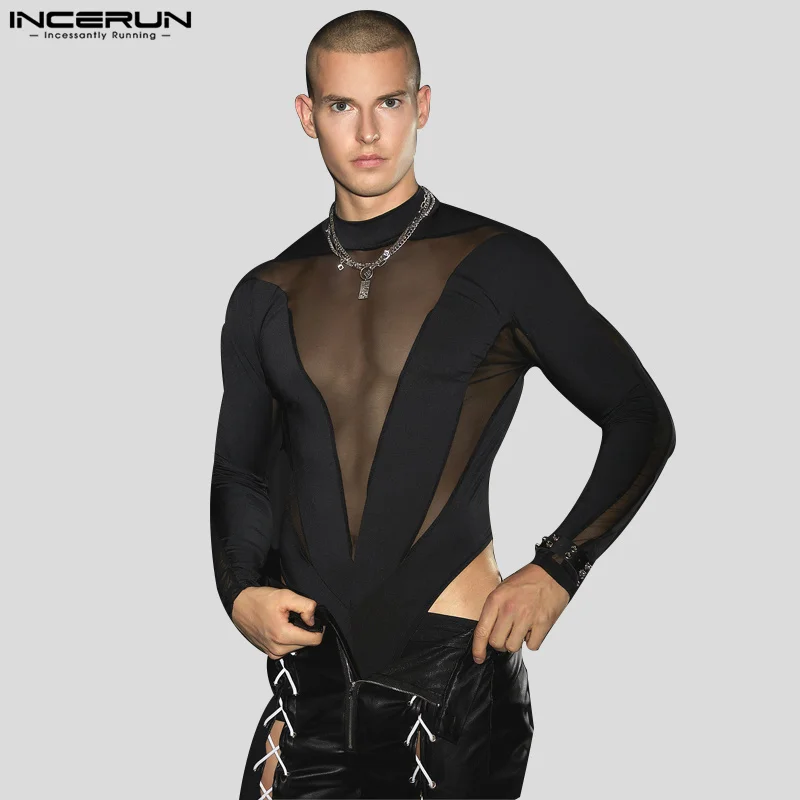 INCERUN 2024 Sexy Men Homewear O-Neck Mesh Patchwork Jumpsuits Casual Well Fitting Male Long Sleeve Thin Triangle Bodysuit S-5XL