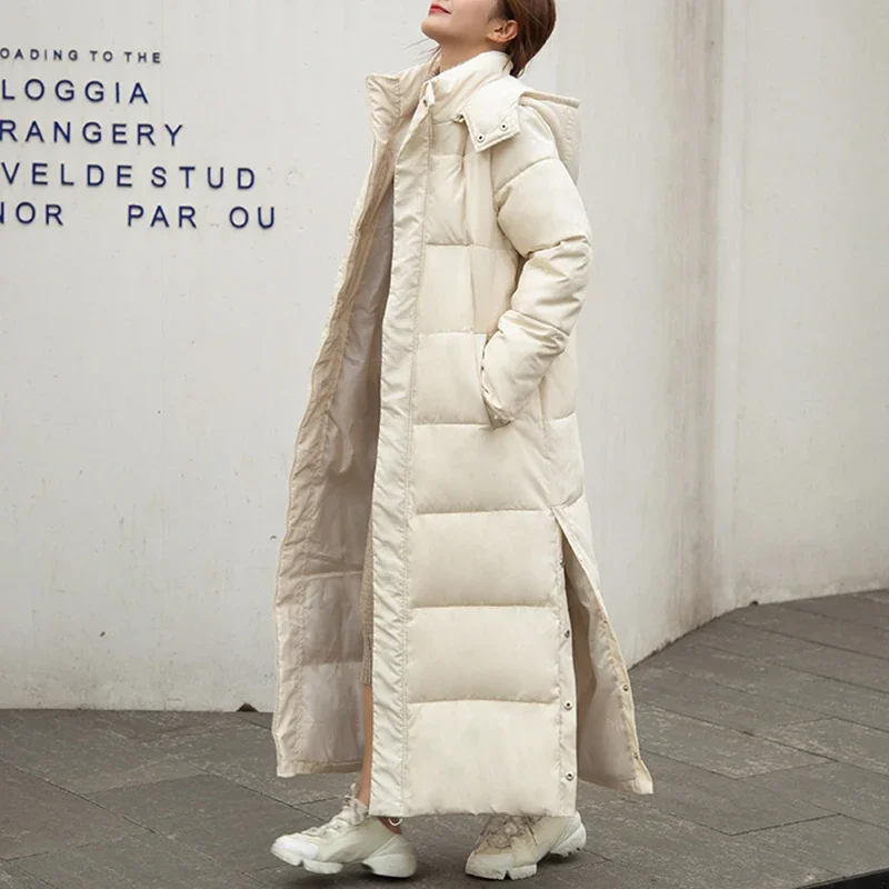 Comemore Cotton Coat Long Parka Coat Jacket Women 2024 Autumn Winter Thick Warm Coats Woven Block Trend Hooded White Down Parkas