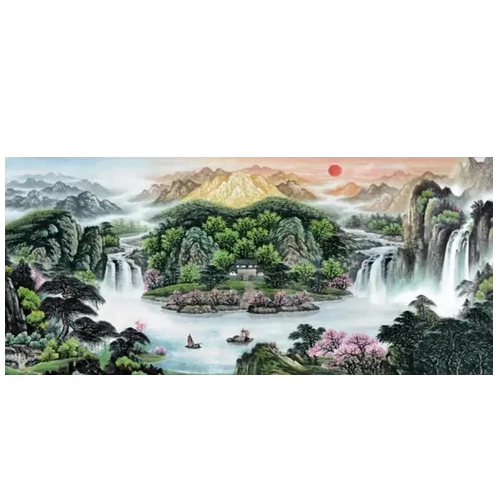 Chinese Art Landscape Diamond Painting High Mountains Flowing Water Sunrise Scenery Cross Stitch Home Decor 5d Diamond Painting