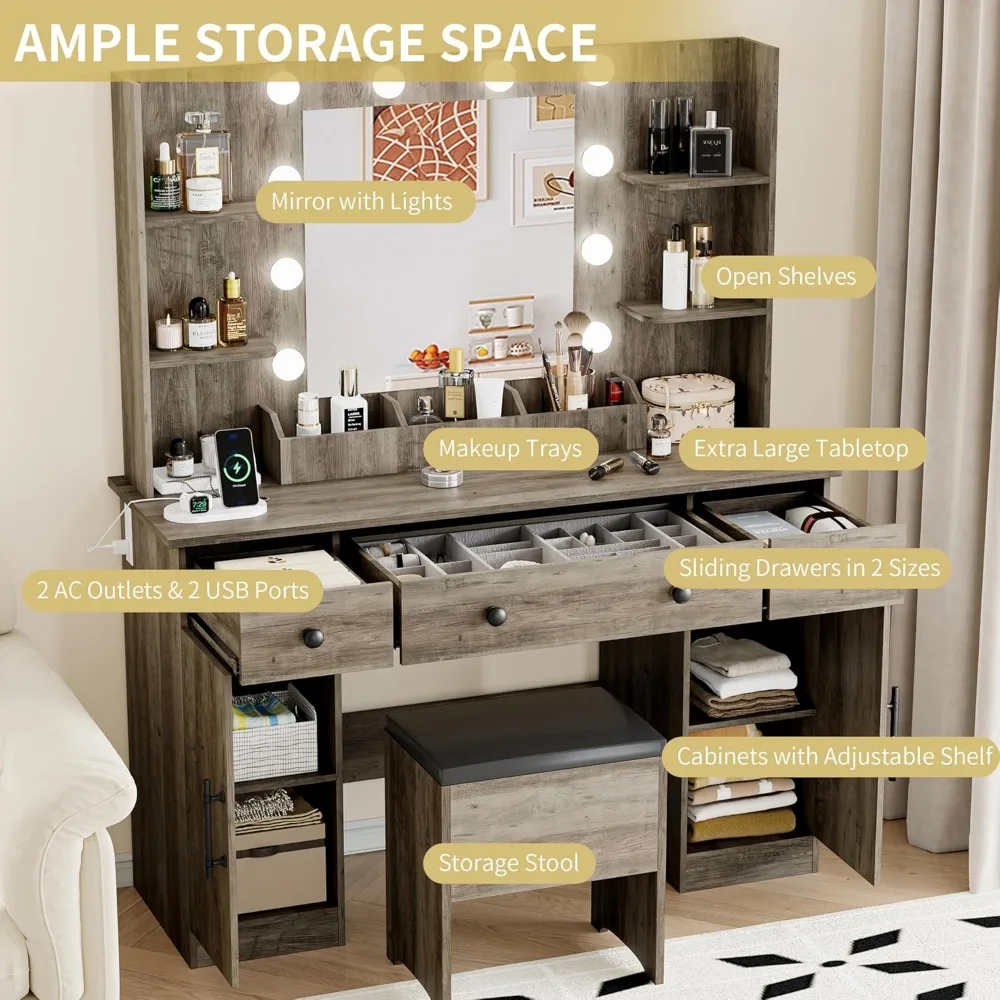مكتب مكياج مع مرآة، مجموعة طاولة تزيين رمادية مقاس 43 بوصة، 5 أدراج، كرسي، مخرج طاقة، 3 أوضاع إضاءة، مكياج حديث