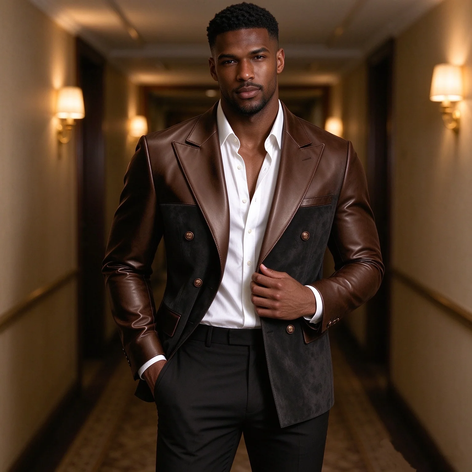 Men's Suede Patchwork  PU Leather BlazerDouble-breasted Contrast Color Casual Suit Jacket  Designer Elegant Slim Male Outerwear