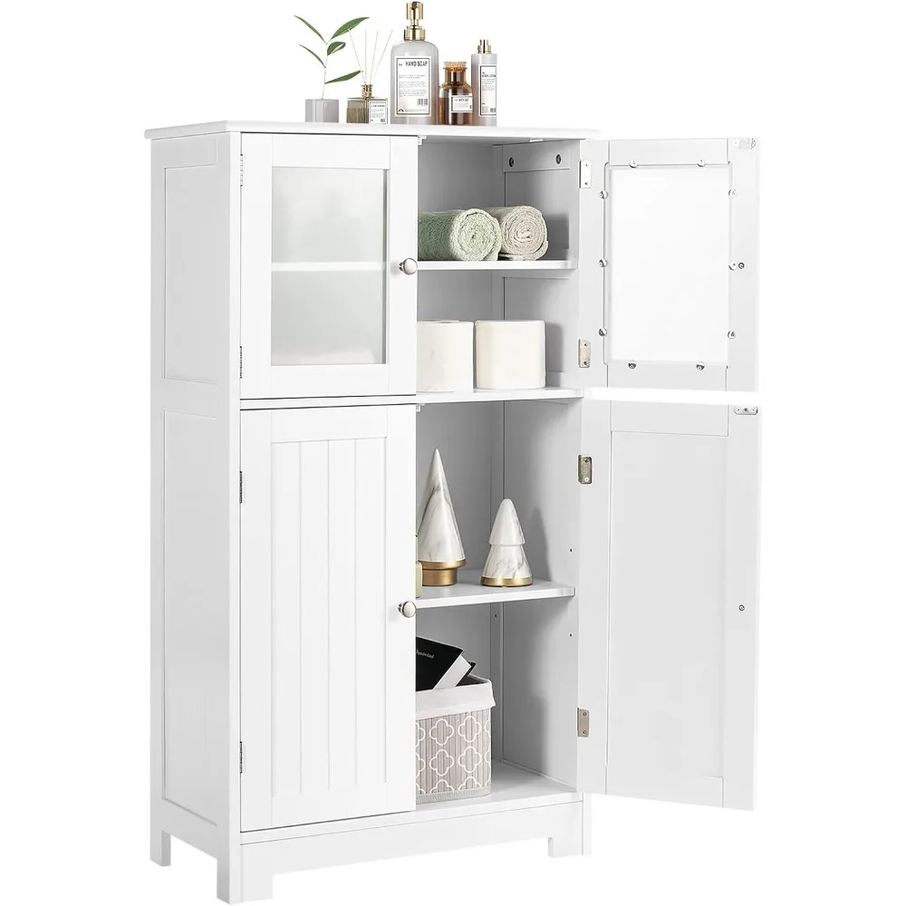 

Bathroom Storage Cabinet ,with Adjustable Shelf, with Anti-toppling Device, Bathroom Floor Cabinet w/Tempered Glass Doors