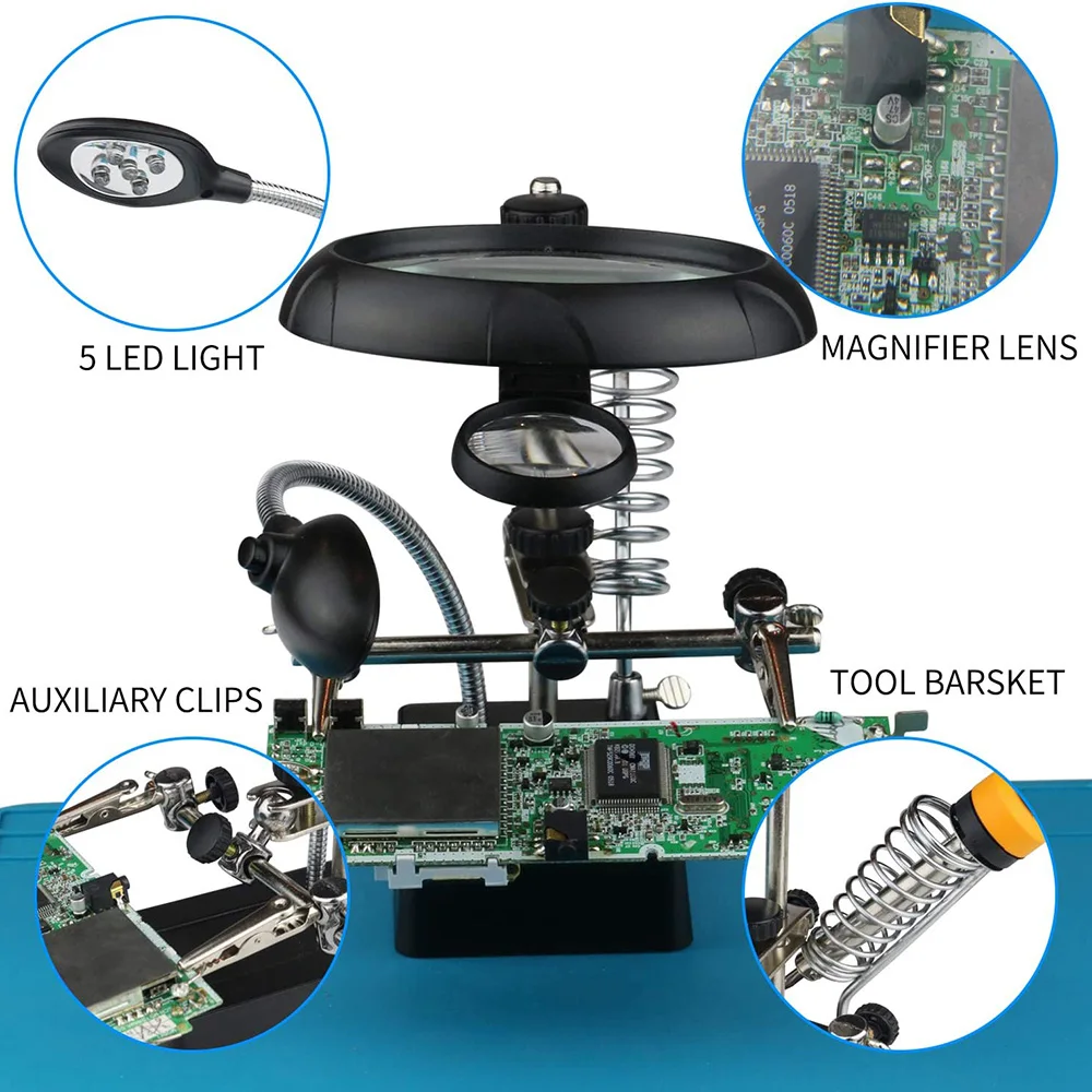 Lupa de soldadura 3 en 1, lupa de Clip auxiliar LED de 2,5x7,5 x 10X, estación de soporte de hierro para soldar a mano