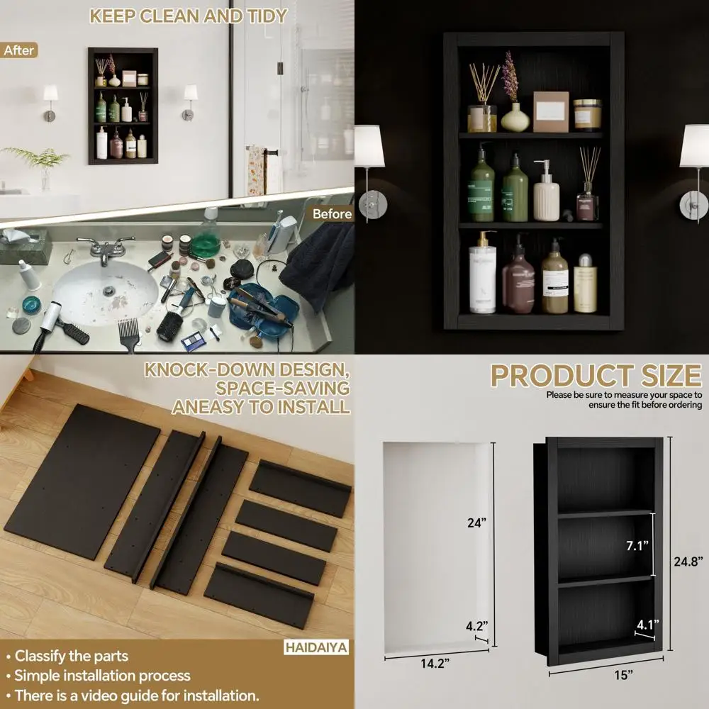 

Встраиваемый настенный шкафчик для медикаментов 14x24 дюйма, 3-уровневое хранение, подходит для дерева или гипсокартона, идеально подходит для ванной комнаты или гостиной, черный