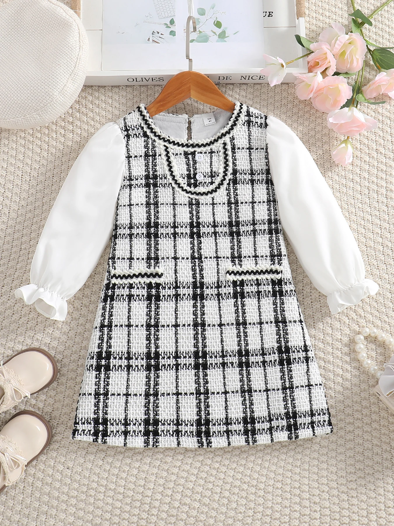 Girls\' dress autumn checkered pattern patchwork dress fashionable sweet girl elegant style children\'s clothing