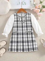 Girls' dress autumn checkered pattern patchwork dress fashionable sweet girl elegant style children's clothing