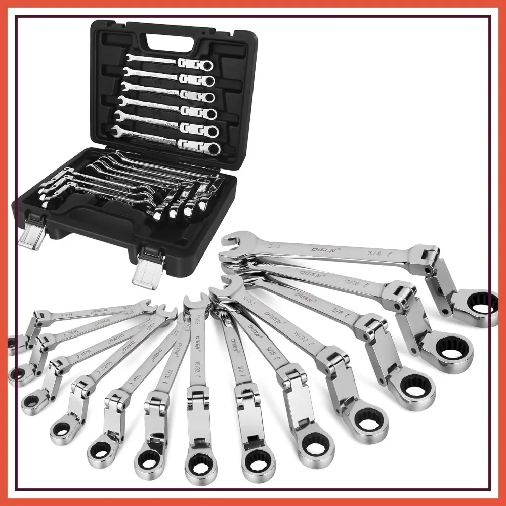

13pcs Ratcheting Wrench Set, SAE 1/4"-3/4", Double Jointed Flex Head, 72-Teeth, Cr-V Steel