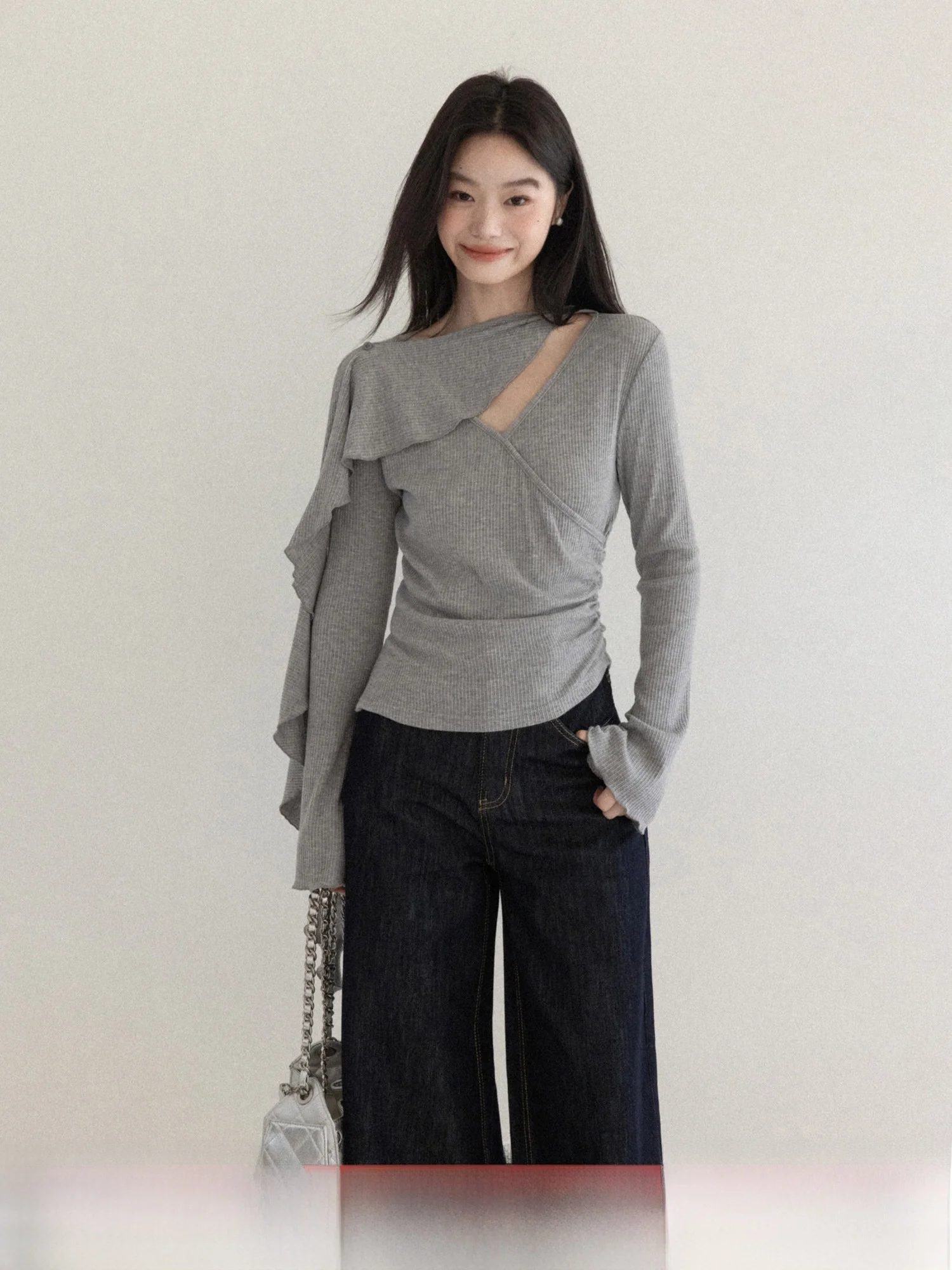 

Slim Fit Long Sve V-Ne T-irt Women Winter Top Yarn S Casual Sle Universal Size High Waist Long T-irt Pure Color