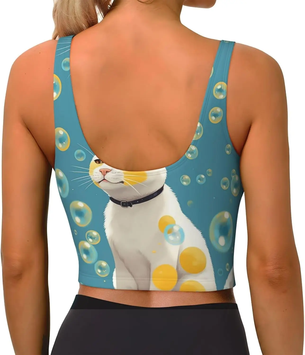 สปอร์ตบราสําหรับผู้หญิง, U Back เสื้อกล้ามสตรีแบบถอดได้หลายฟองและแมวตลกโยคะพิมพ์เสื้อออกกําลังกาย