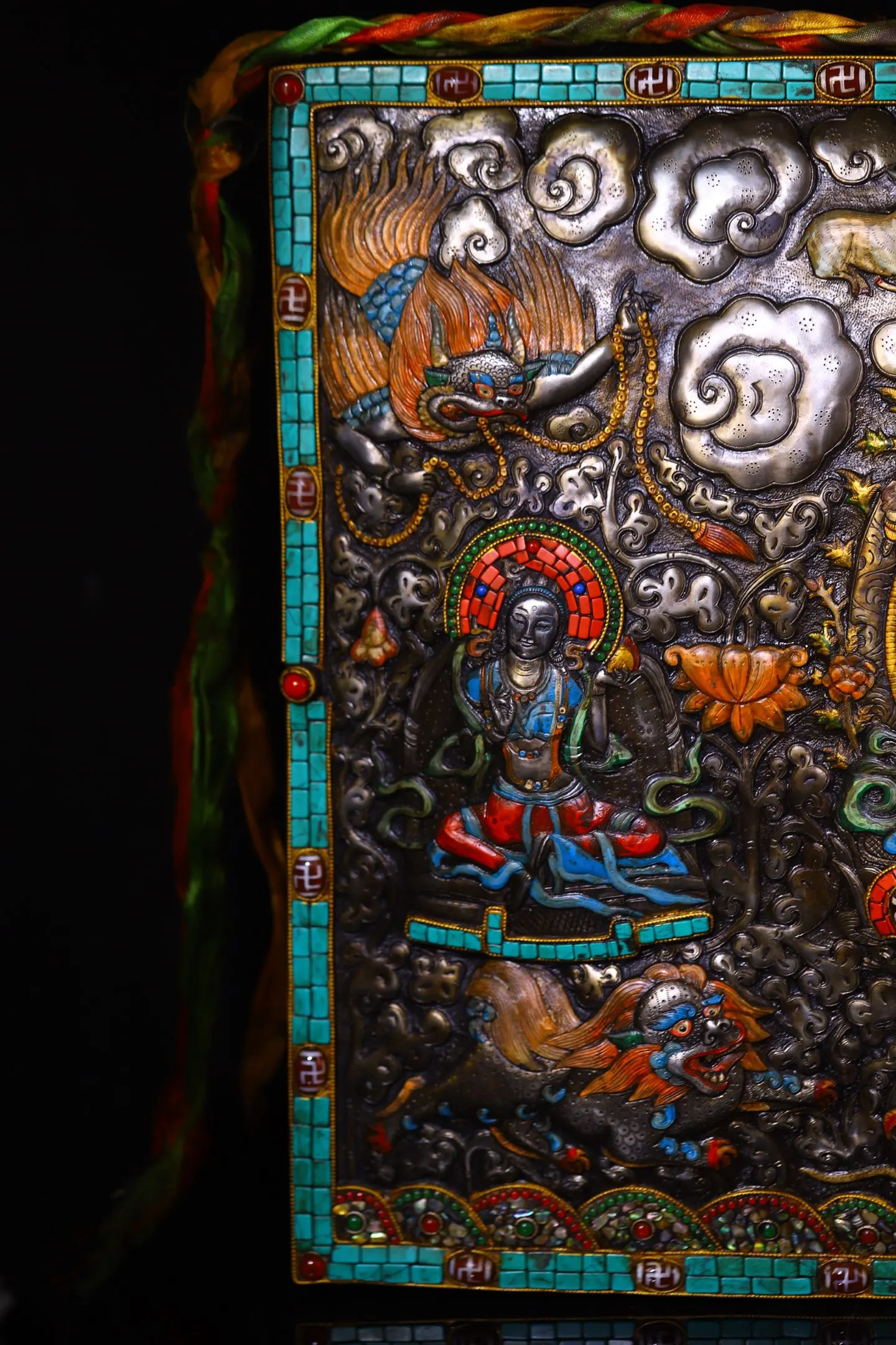 

Old Tiantie Mosaic gZi Beads Turquoise Manjusri Bodhisattva Buddha Thangka Mandala hanging panel