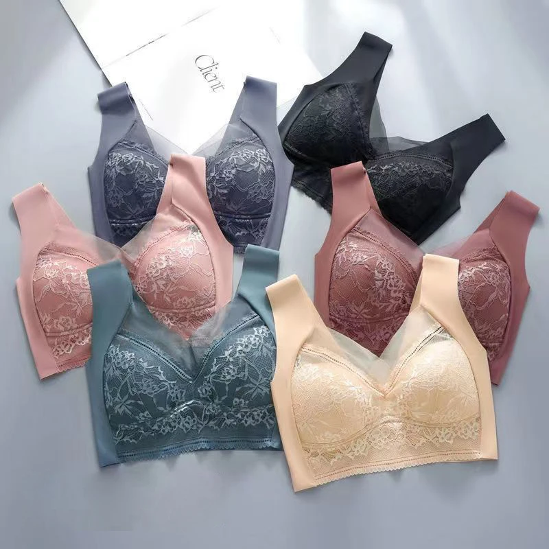 Sexy Lace Bras for Women Perspective Full Cup Solid Color Brassiere V-Neck Seamless Crop Top Female Push Up Breathable Lingerie