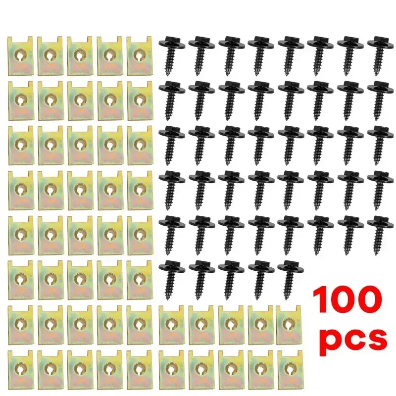 

100pcs U Nut Door Clips Gasket Fastener Mud Flap Screws Kit Fixing Quick Wire Gasket with 50 Metal Clips and 50 Screws