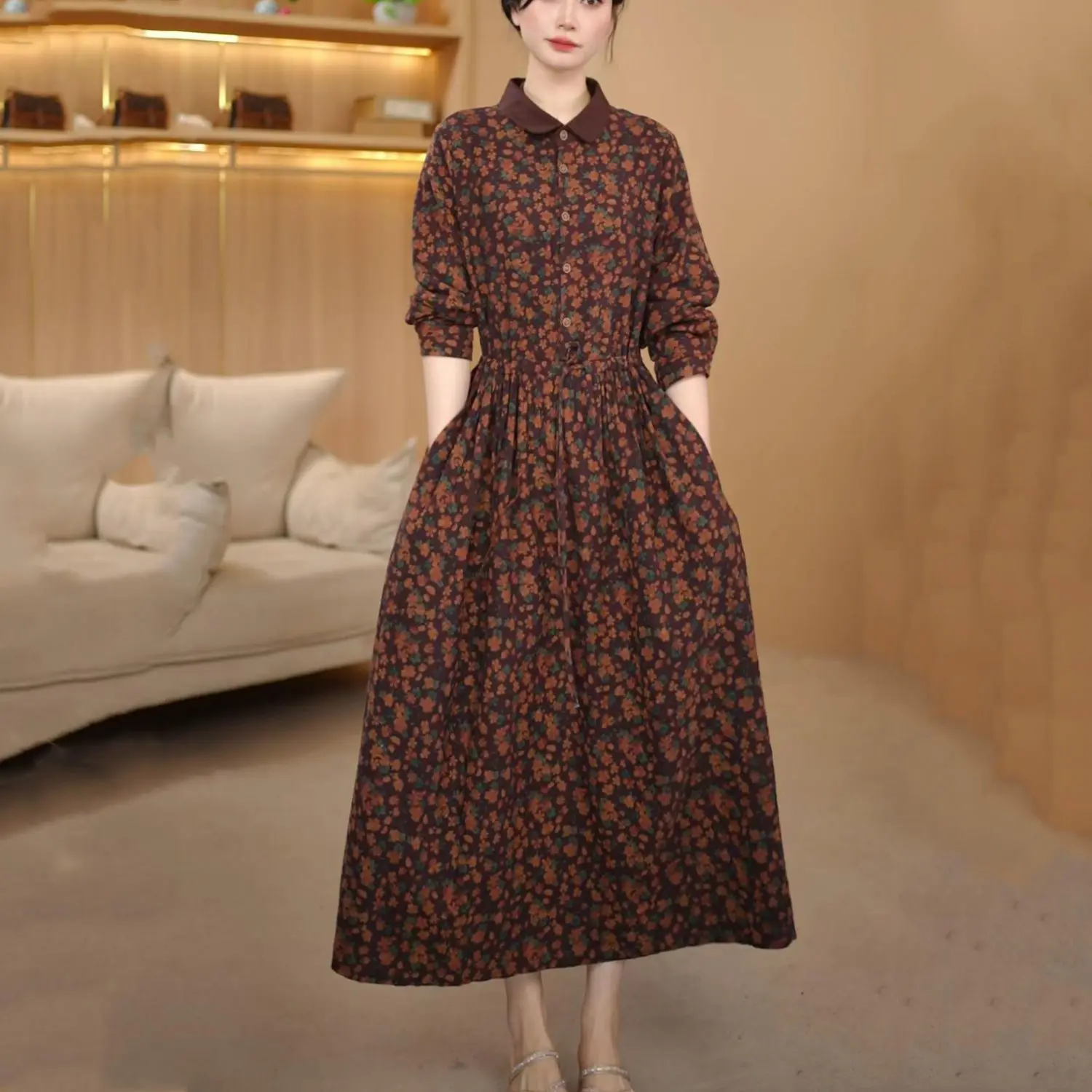 Sukienka damska midi z kołnierzykiem Piotrusia Pana, z lnu w kwiaty, w stylu vintage, z długim rękawem i paskiem, elegancka, plus size.