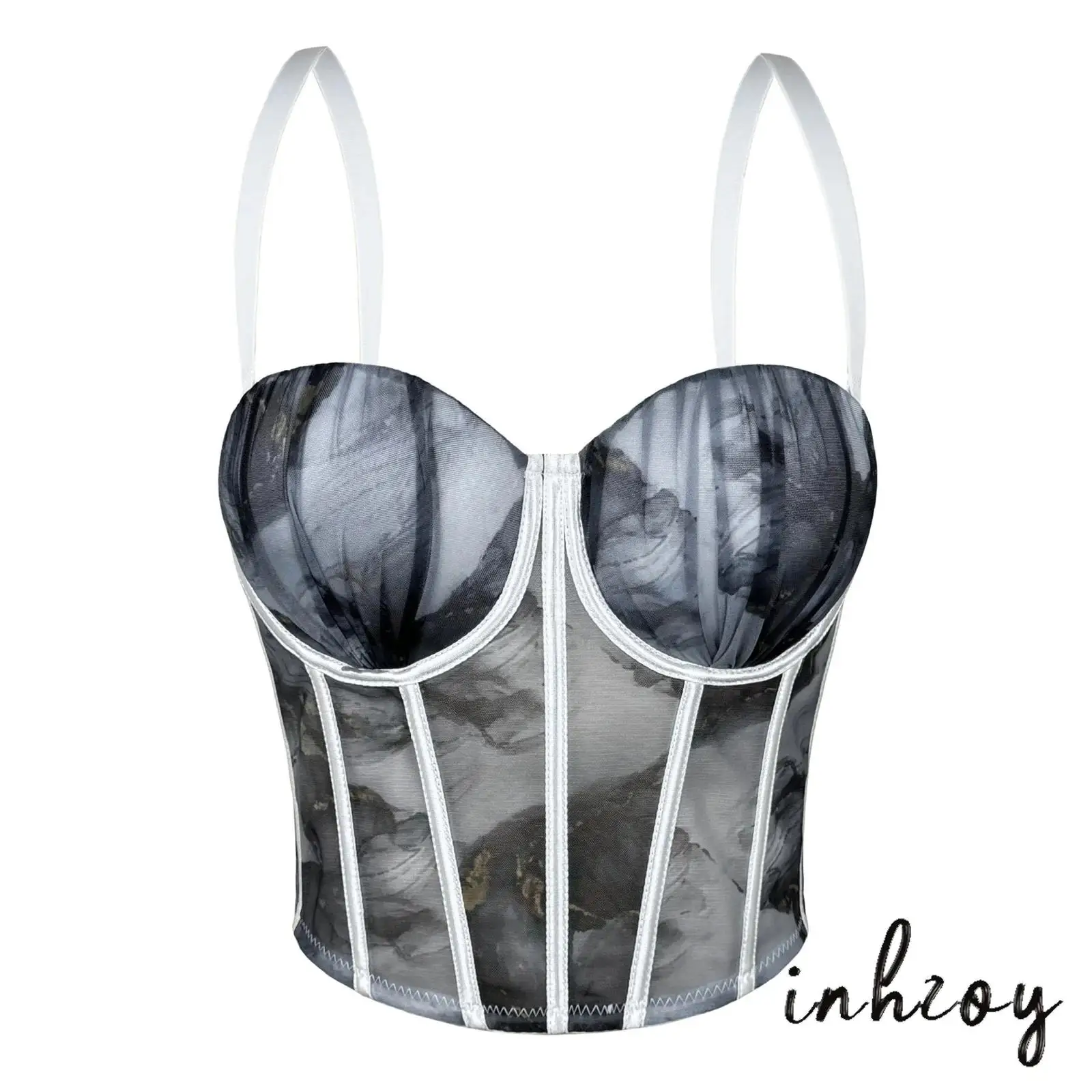New Women Printed Bustier Crop Top Underwire Push Up Padded Cup Spaghetti Straps Boned Corset Top for Party Travel Casual Wear