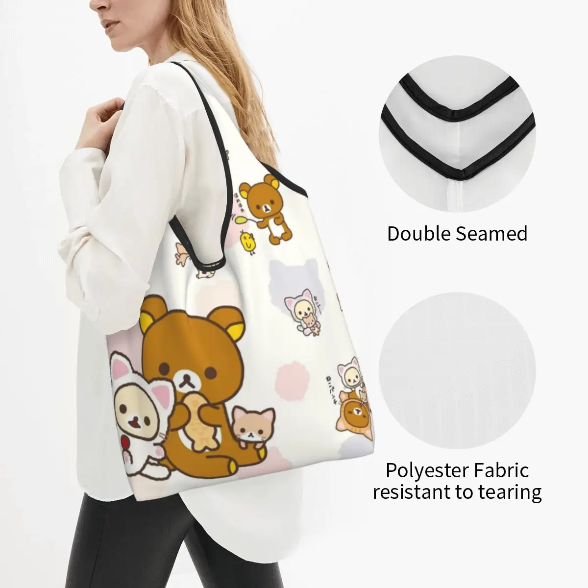 Large Reusable Cute Rilakkuma Pattern Grocery Bags Recycle Foldable Shopping Eco-Friendly Bag Washable With Pouch