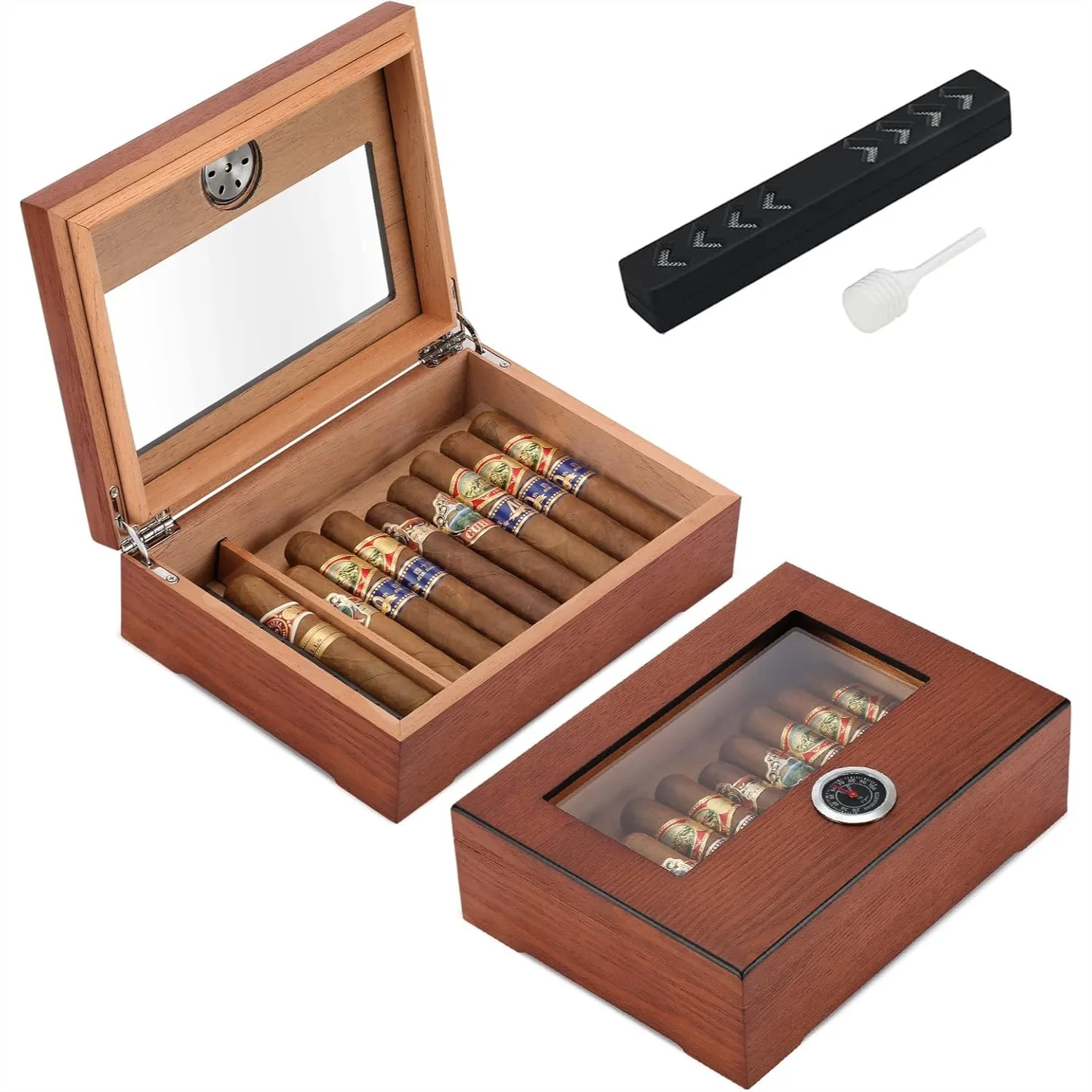 

Glass Top Cigar Humidor, Cedar Wood Storage Box with Hygrometer & Humidifier, Holds 20-30 Cigars